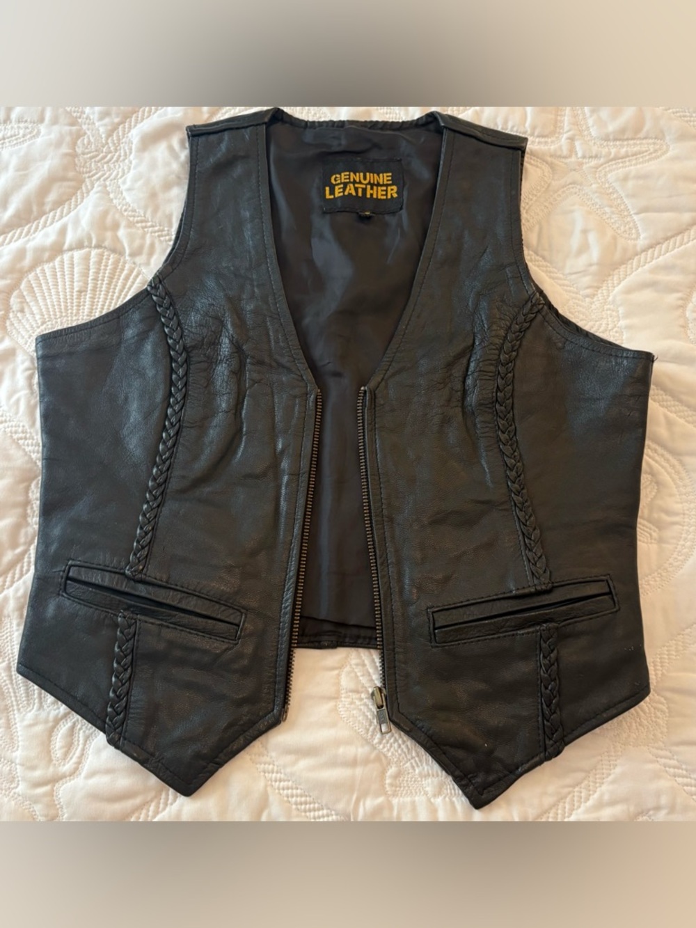 Genuine Leather Braided Trim Vest - Black size Small